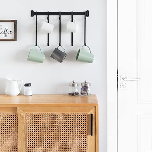 Miniatura 4 de Mkono Juego de 2 estantes flotantes de madera para vino con colgador de copas y colgador de tazas de café ganchos de pared para organizador de 10