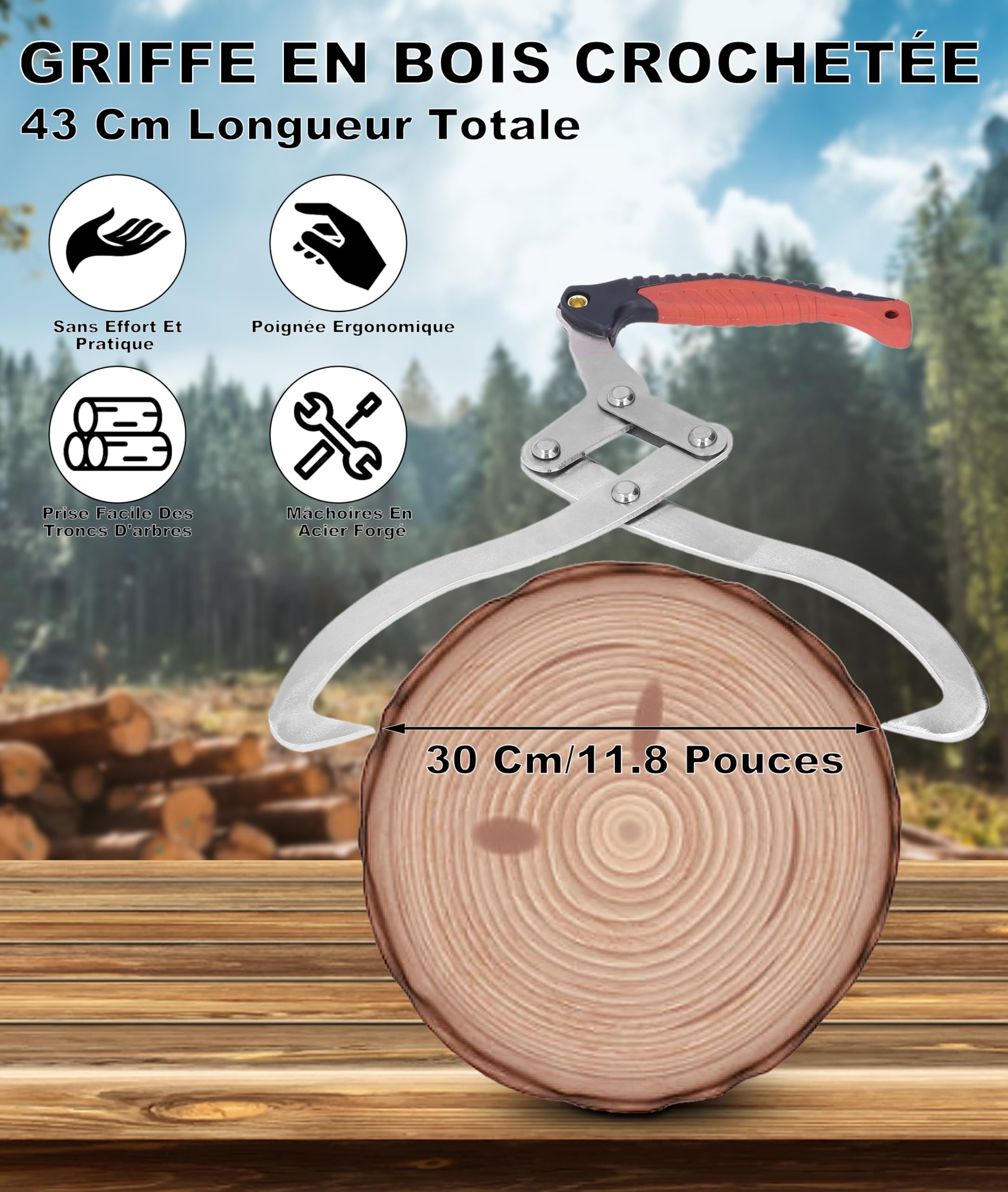Pinza para troncos, Pinza para troncos de jardín, longitud total 44,7 cm, gancho de elevación de troncos, tamaño máximo 30 cm, herramienta de transporte de troncos, pinzas de elevación de troncos