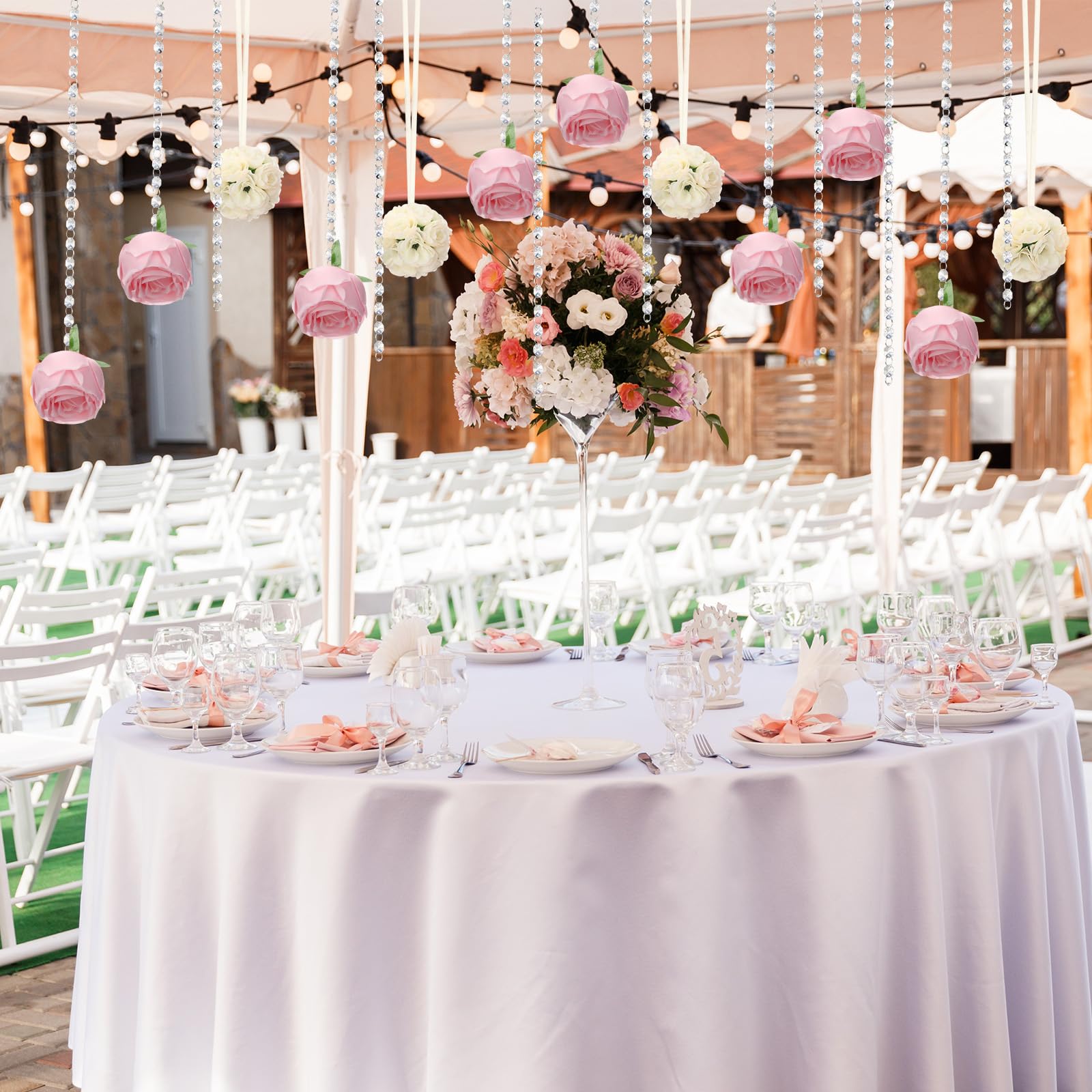 Juego de 19 decoraciones de mesa de boda, centros de mesa, 8 rosas artificiales, 4 bolas de flores besadas con 6 gemas acrílicas de cristal, guirnalda de cuentas de 1 hilo para decoraciones de
