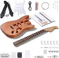 Leo Jaymz Kits de guitarra elétrica estilo ST DIY com corpo de mogno e pescoço de bordo - cabeçote em forma de vela - escala de madeira de louro e todos os componentes incluídos (ST LJ Headstock)