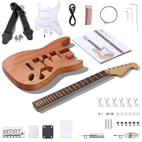 Leo Jaymz DIY ST Style Electric Guitar Kits with Mahogany Body and Maple Neck - Sail Shaped Headstock - Laurel Wood Fingerboard and All Components Included (ST LJ Headstock)