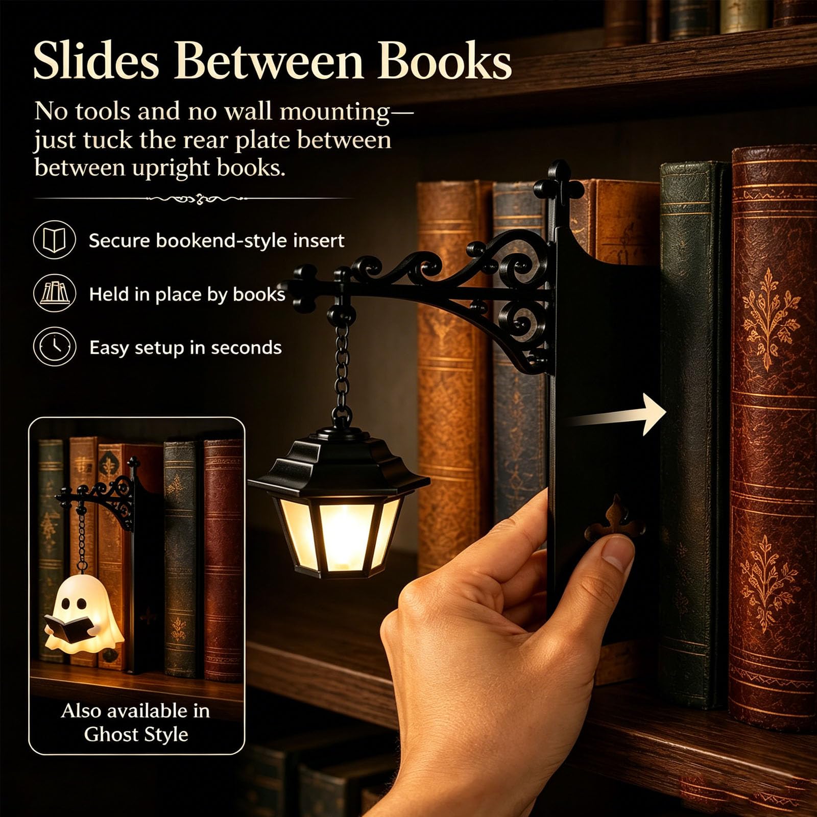 Linterna de biblioteca Mini lámpara LED para estantería, iluminación de rincón de libro colgante de hierro de madera vintage, luz de lectura portátil cálida, adorno literario (B3pcs)
