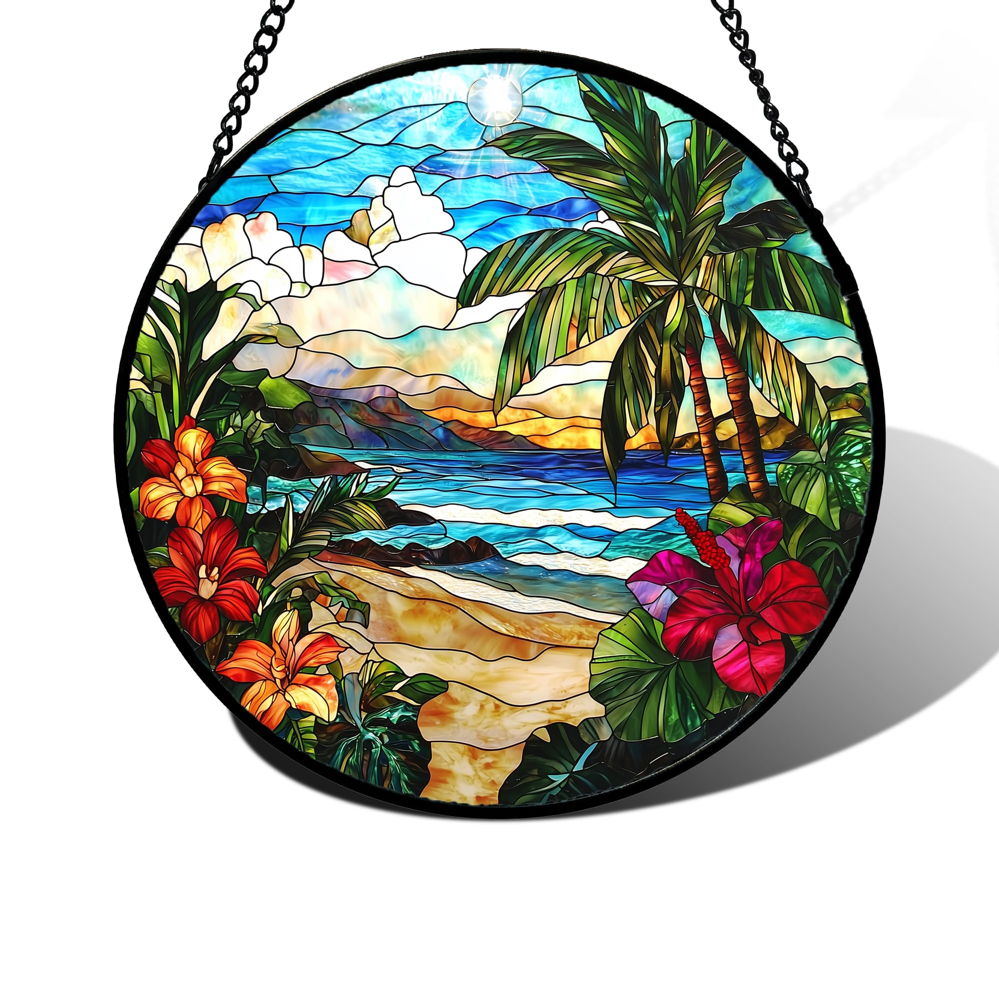 Tropical Hibiscus Beach Stained Glass Window Hanging Suncatcher Gifts 6.3"