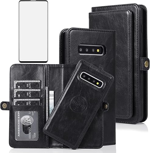 Miniatura 8 de Asuwish Funda de teléfono para Samsung Galaxy S10 Plus, funda desmontable con protector de pantalla de vidrio templado y tarjetero abatible para