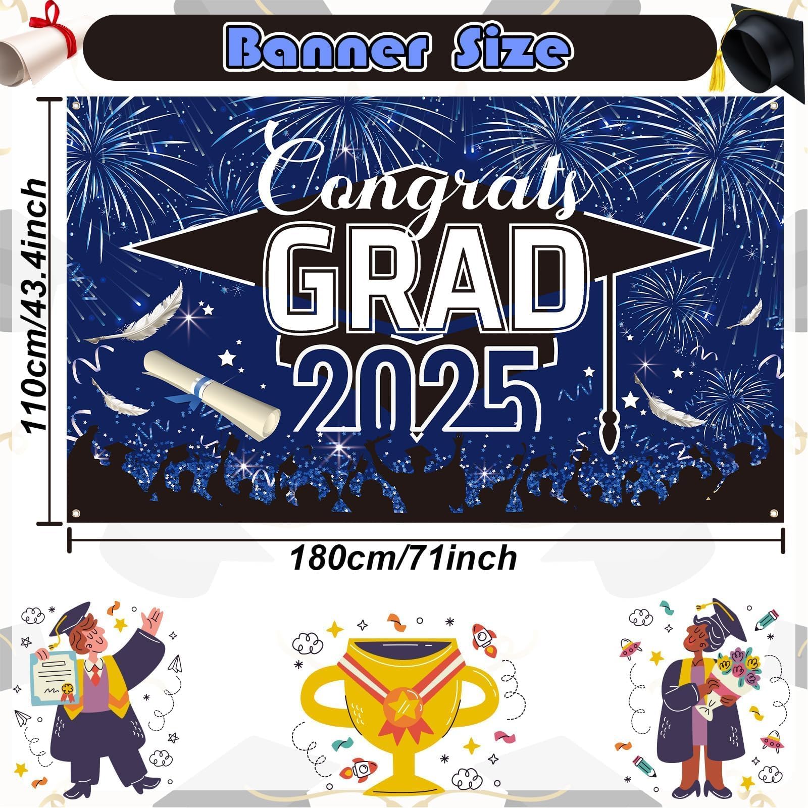 Graduation Banner, Graduation Decorations 2026, Blue Black Banner Graduation, Large Blue Graduations Sign Backdrop - Image 2