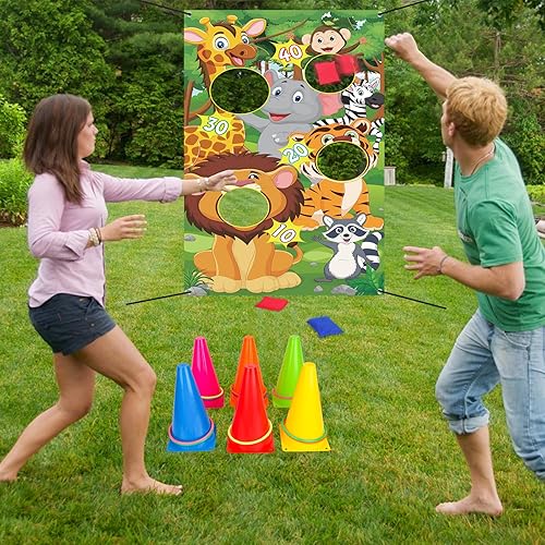 Miniatura 3 de Hooqict Juegos de carnaval 4 en 1 Juego de lanzamiento de anillos para niños, pancarta de animales, puf, fiesta de cumpleaños al aire libre, juego