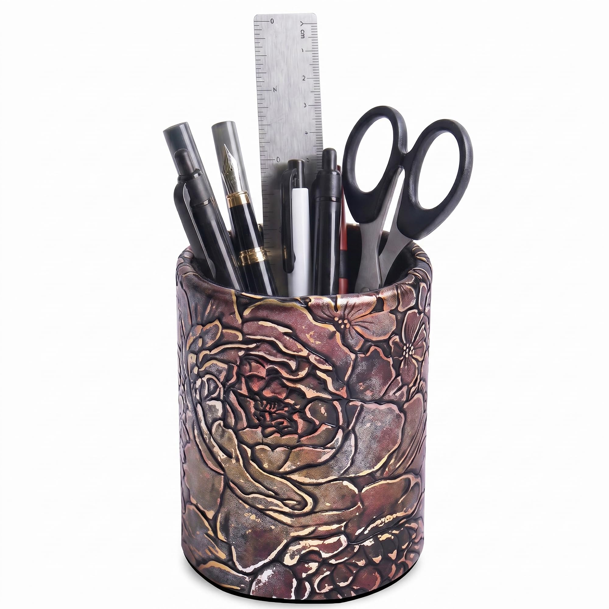 Czzmy PU Leather Pen Holder Round Flash Makeup Brush Holder Desktop Pencil Storage Holder Gift for Desk Office Classroom Home(1-Rich Flower Copper) — image 1