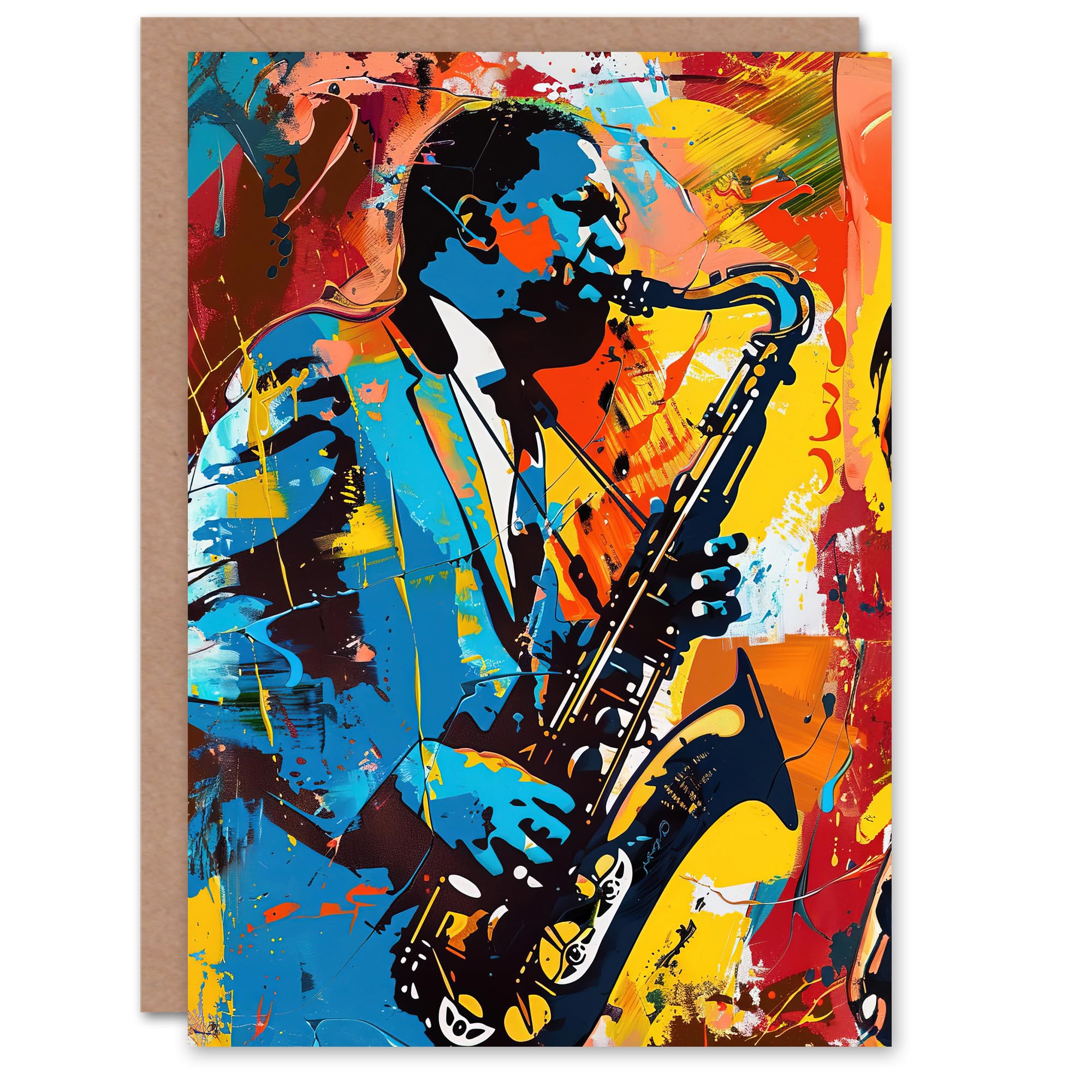 Artery8 Blues Jazz Saxophone Player Vibrant Painting Greeting Birthday Card Him Her All Blank