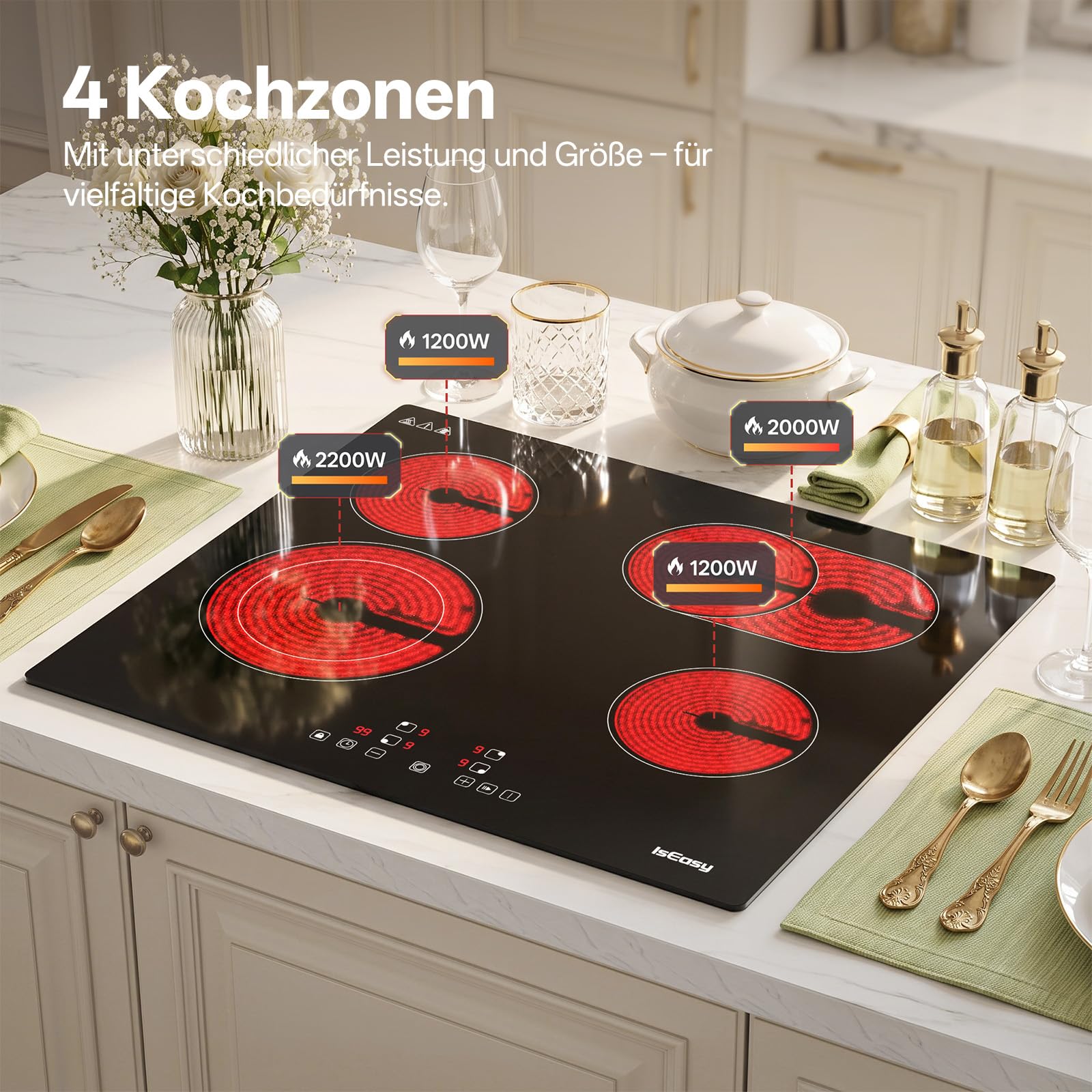 IsEasy Glaskeramik-Kochfeld 60 cm (6600W) – Autarkes Elektrokochfeld 4 Zonen mit Touch-Steuerung Mit Flexibler Oval- & Doppelringzone | 9 Leistungsstufen