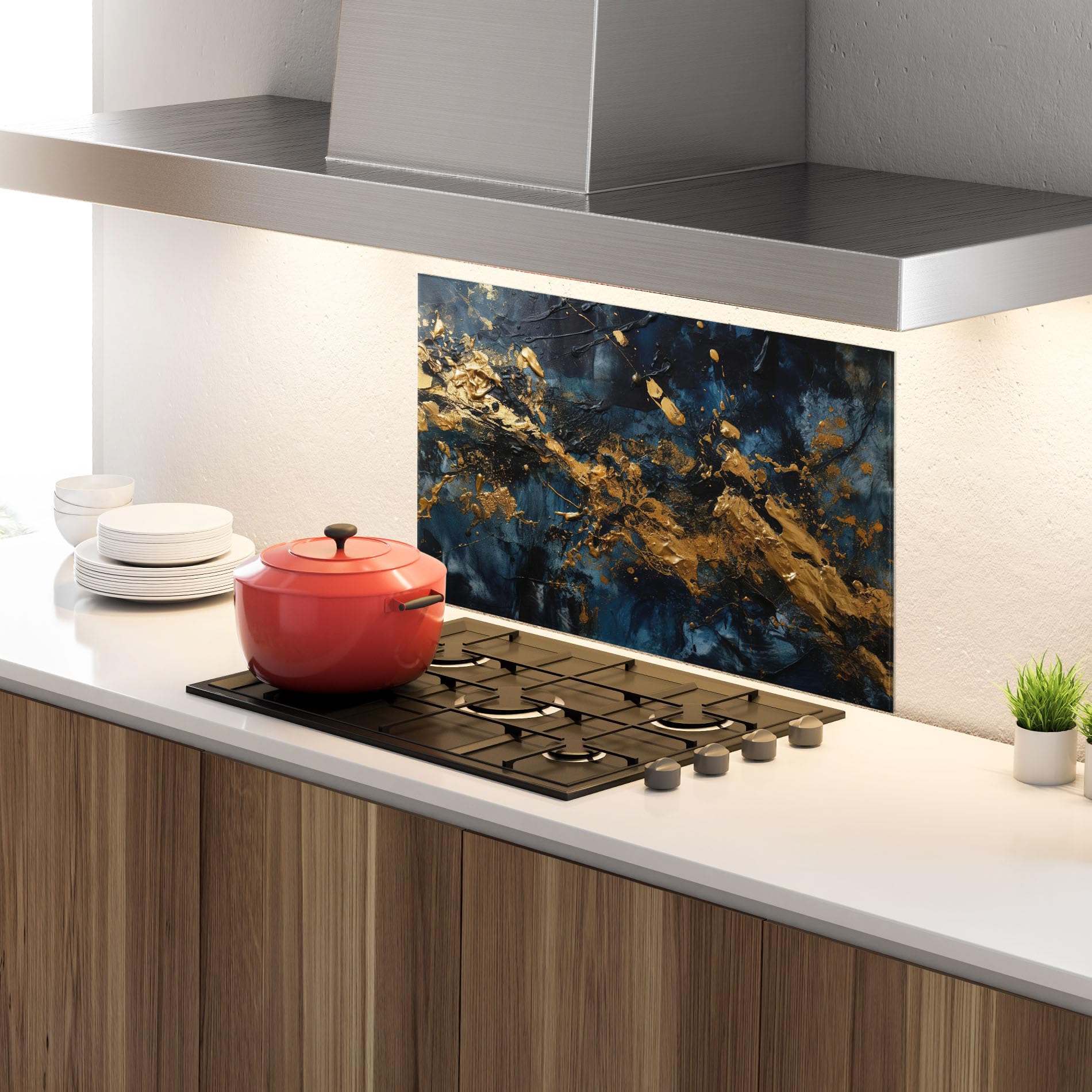 ARTHUB® Crédence de Cuisine en Verre 50x70 cm, Gold Explosion | Protection Contre Les éclaboussures, Revêtement Mural en Carreaux, Plaque en Verre, Verre trempé, Abstrait, Art Abstrait