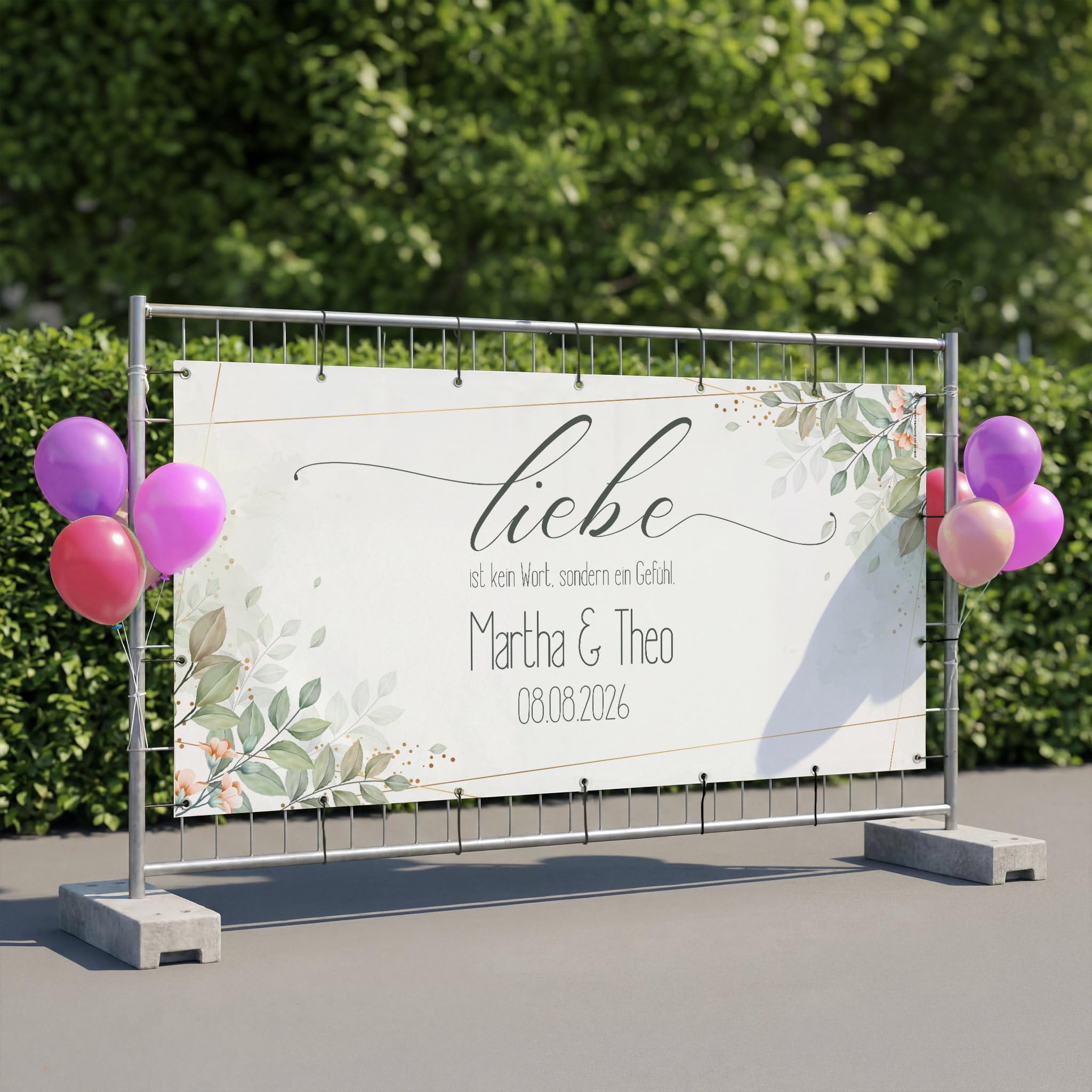 Herz & Heim® Bauzaunbanner Hochzeit personalisiert mit Namen & Datum – XXL Hochzeitsbanner für Außenbereich – Banner wetterfest als Hochzeitsdeko für Garten & Location