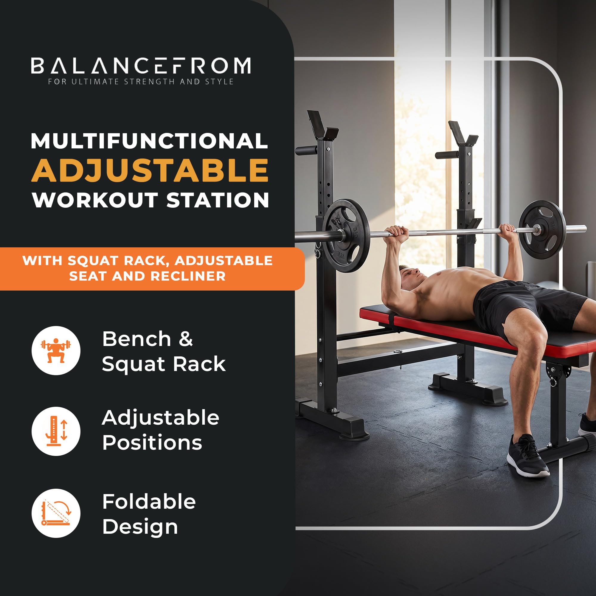 BalanceFrom Multifunktionale Workout-Station, verstellbare Olympische Trainingsbank mit Kniebeugenständer, Beinstrecker, Preacher-Curl und Gewichts-Aufbewahrung