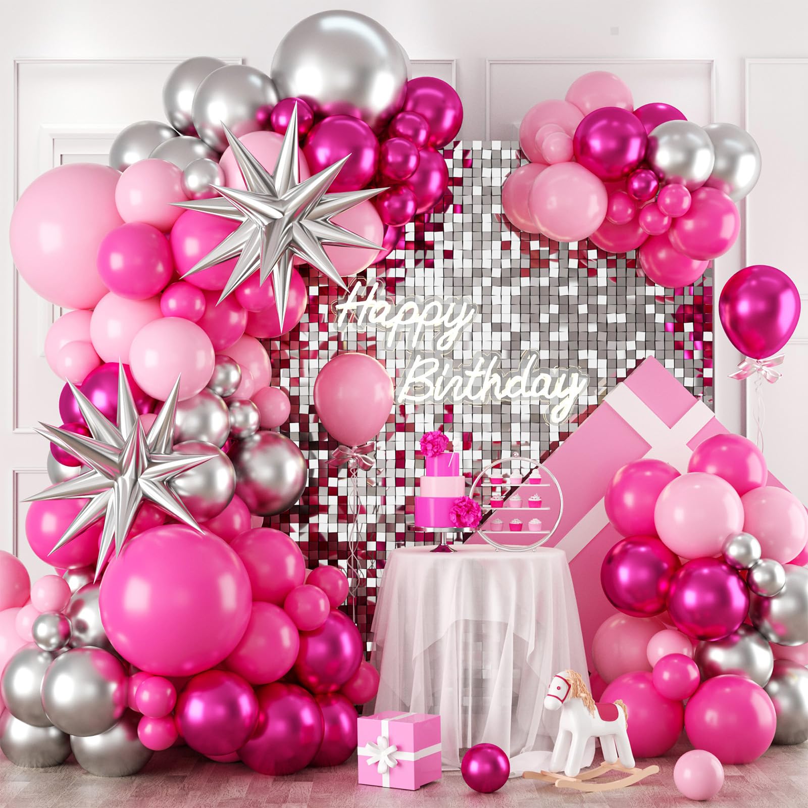 Pink and Silver Balloon Arch Kit, 120PCS Pastel Pink Hot Pink silver 4D Star balloons for girl for Baby Princess Theme Party Birthday Girl Baby Shower Anniversary Wedding 2025 graduation