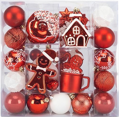Juego de 73 adornos de bolas de Navidad, adornos de árbol de Navidad rojos y blancos, decoración de plástico inastillable para colgar en el árbol de