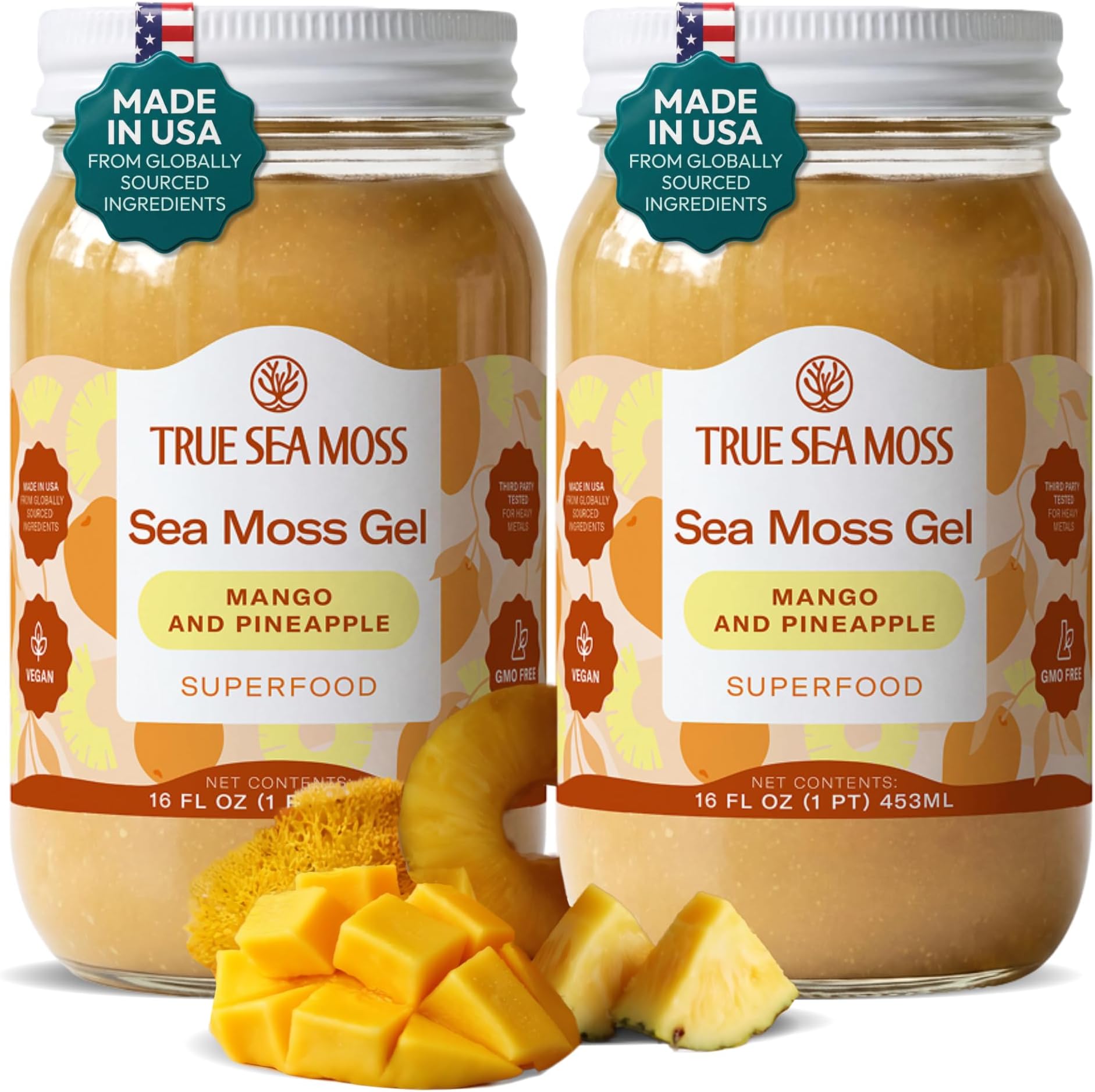 TrueSeaMoss Sea Moss Gel – Wildcrafted Seamoss, Fruits & Jarred Vegetables – Mango/Pineapple, Pack of 2 (Labels may Vary)