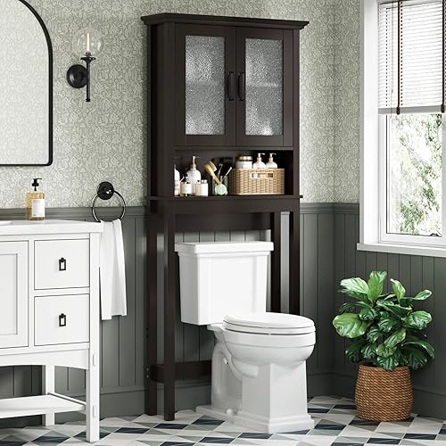 Miniatura 5 de Armario de Almacenamiento Sobre el Inodoro, Organizador de Baño Sobre el Inodoro con Puertas de Vidrio y Estante Ajustable, Marco Reforzado Armario