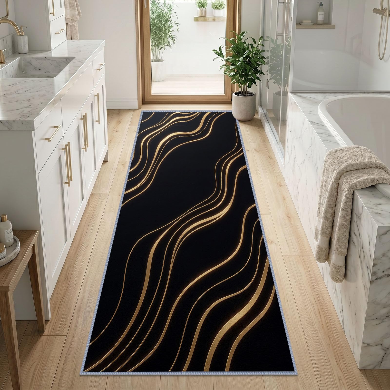 Textura de línea dorada Fondo negro liso alfombra pasillo lavable a máquina