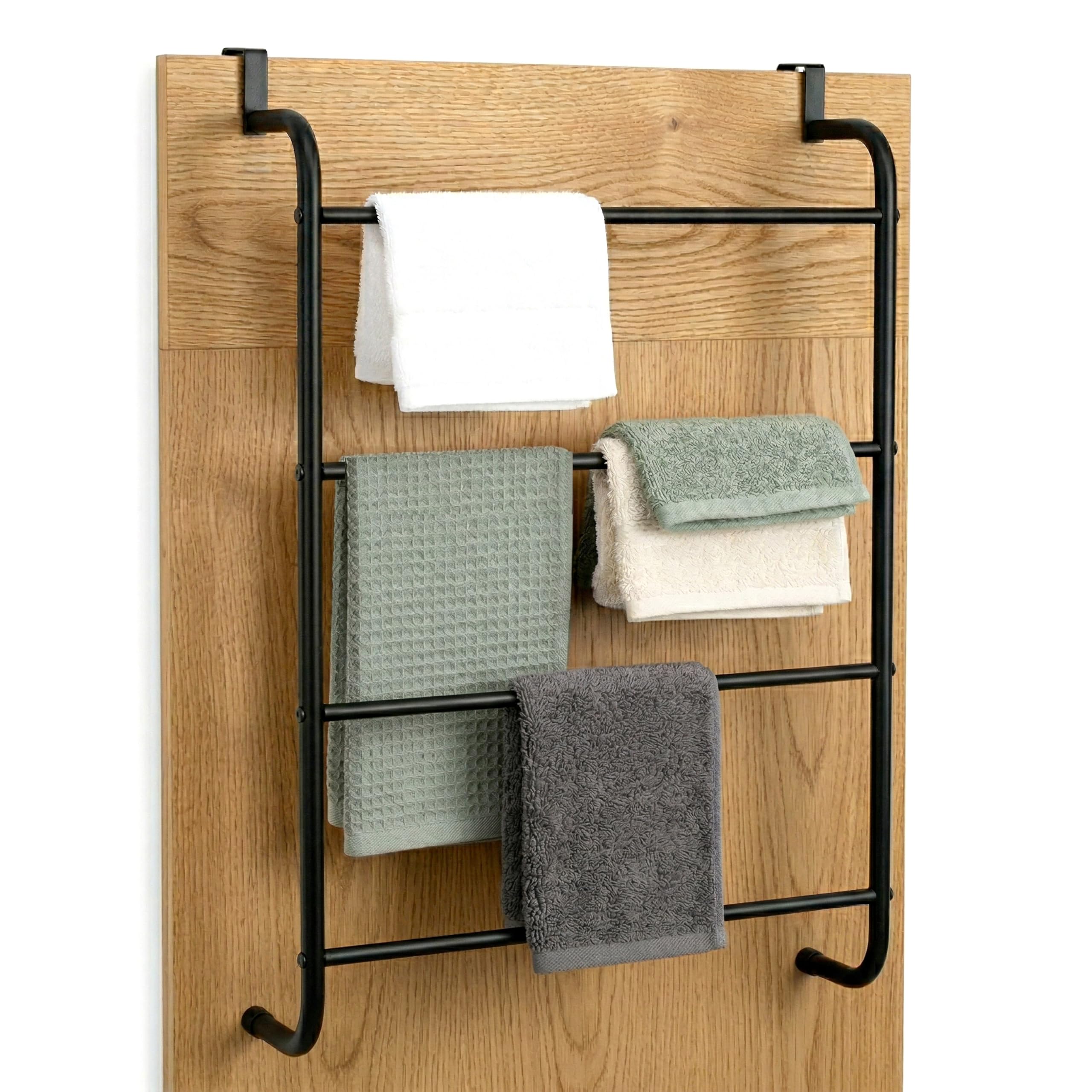 Geezy Black Over Door Towel Rail With 4 Bars - Space Saving Organiser Rack, Modern Steel Design, Easy Assembly, Robust Holder - Great For Hanging Large Towels, Face Cloths, Drying Garments