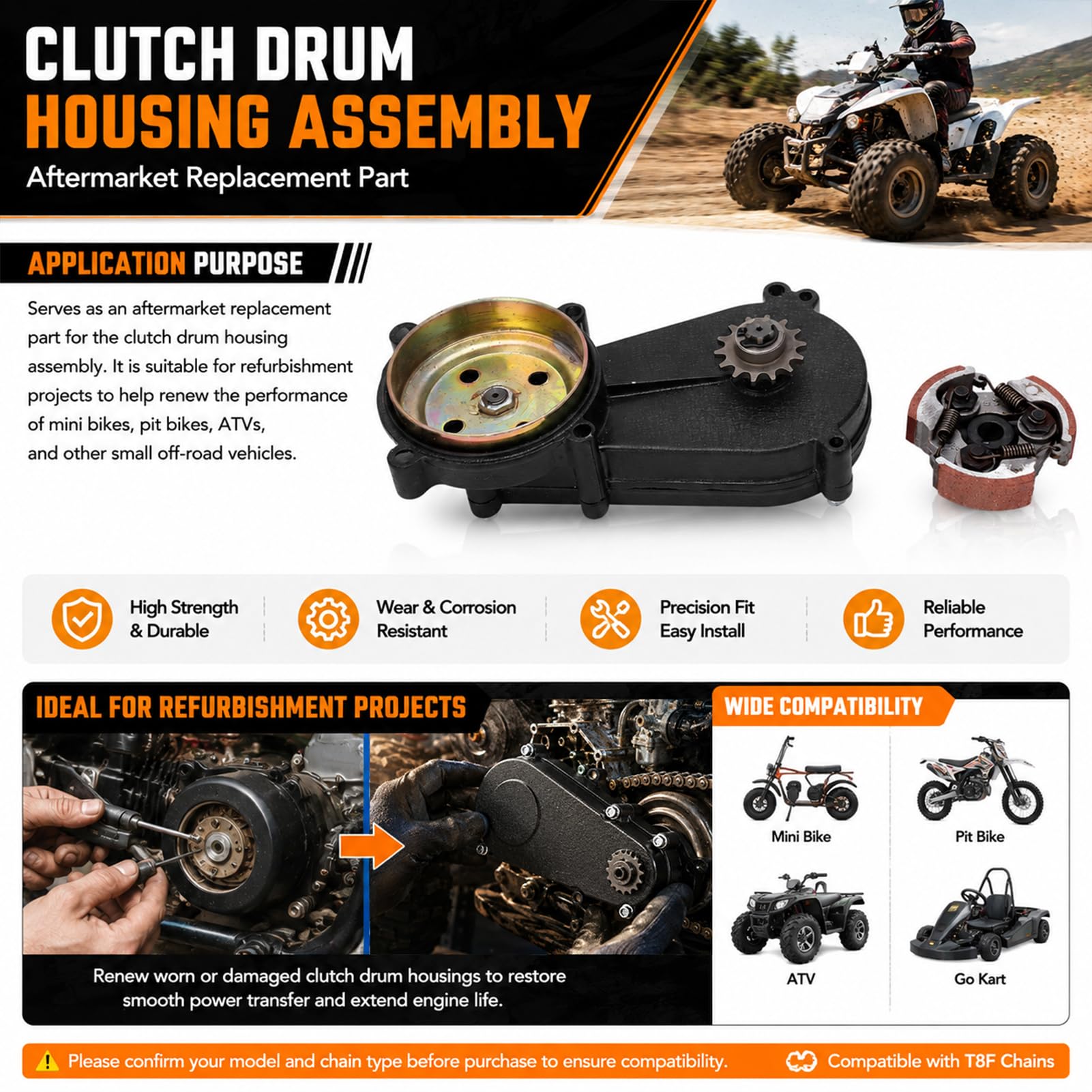 Juego de carcasas de embrague para máquina todoterreno, caja de embrague, caja de tambor 14T, juego de embrague para 47 ccm 49 ccm Mini Pocket Quad Dirt Bike ATV piezas tambor de embrague