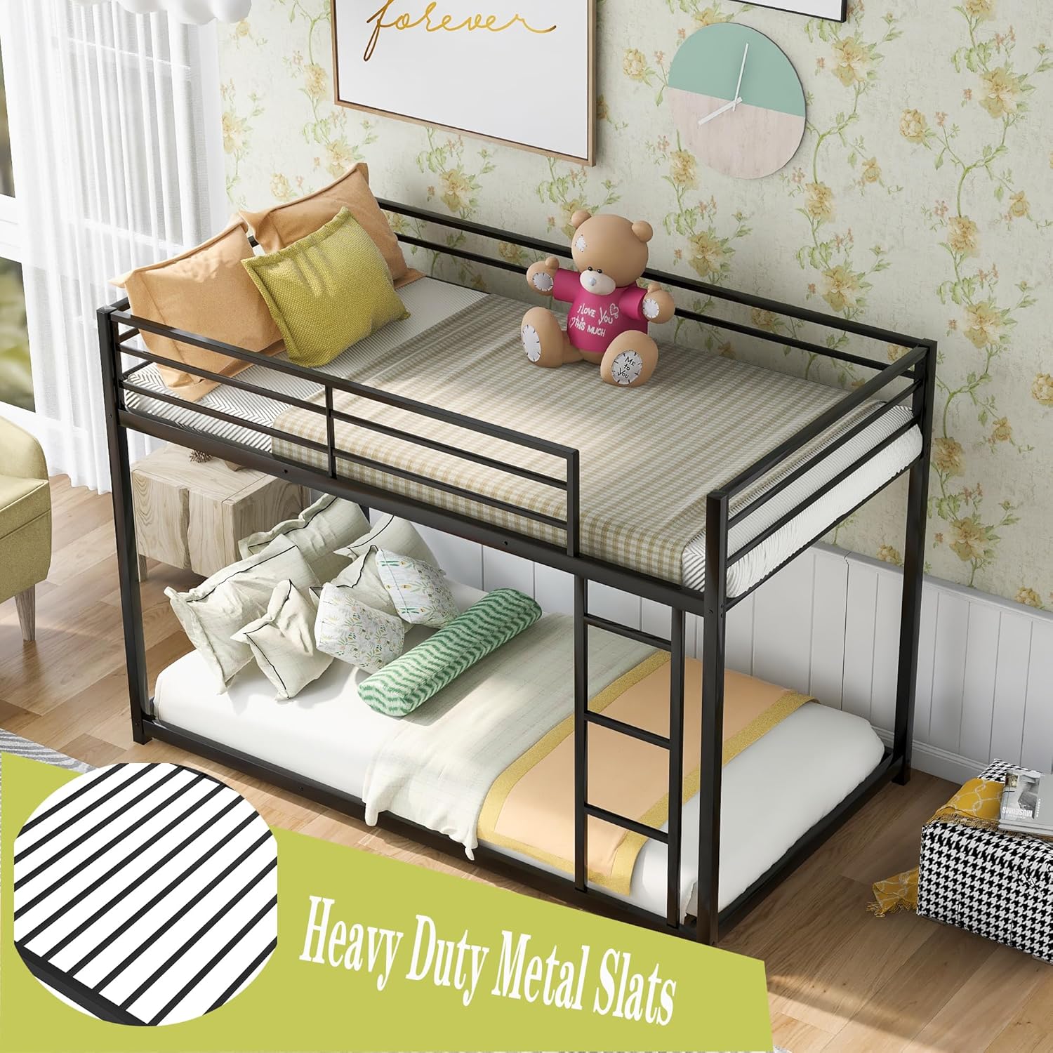 Twin Over Twin Metal Bunk Beds,Metal Low Floor Bunk Bed for Kids,Heavy Duty Bed Frame with Safety Guard Rail & Ladder for Girls Boys Adults Dormitory Bedroom,No Box Spring Needed,Noise Free (Black)