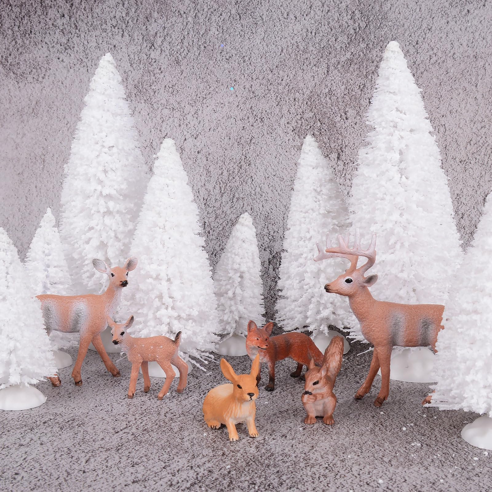 GEBETTER 14Pcs Miniaturas Adornos Navidad, 8* Mini Árboles de Navidad Pequeños + 6* Figuras Animales Bosque, Adornos Navideños, Decoracion Mesa Navidad Fiesta, Micro Paisaje Muñecos Regalo (Blanco)