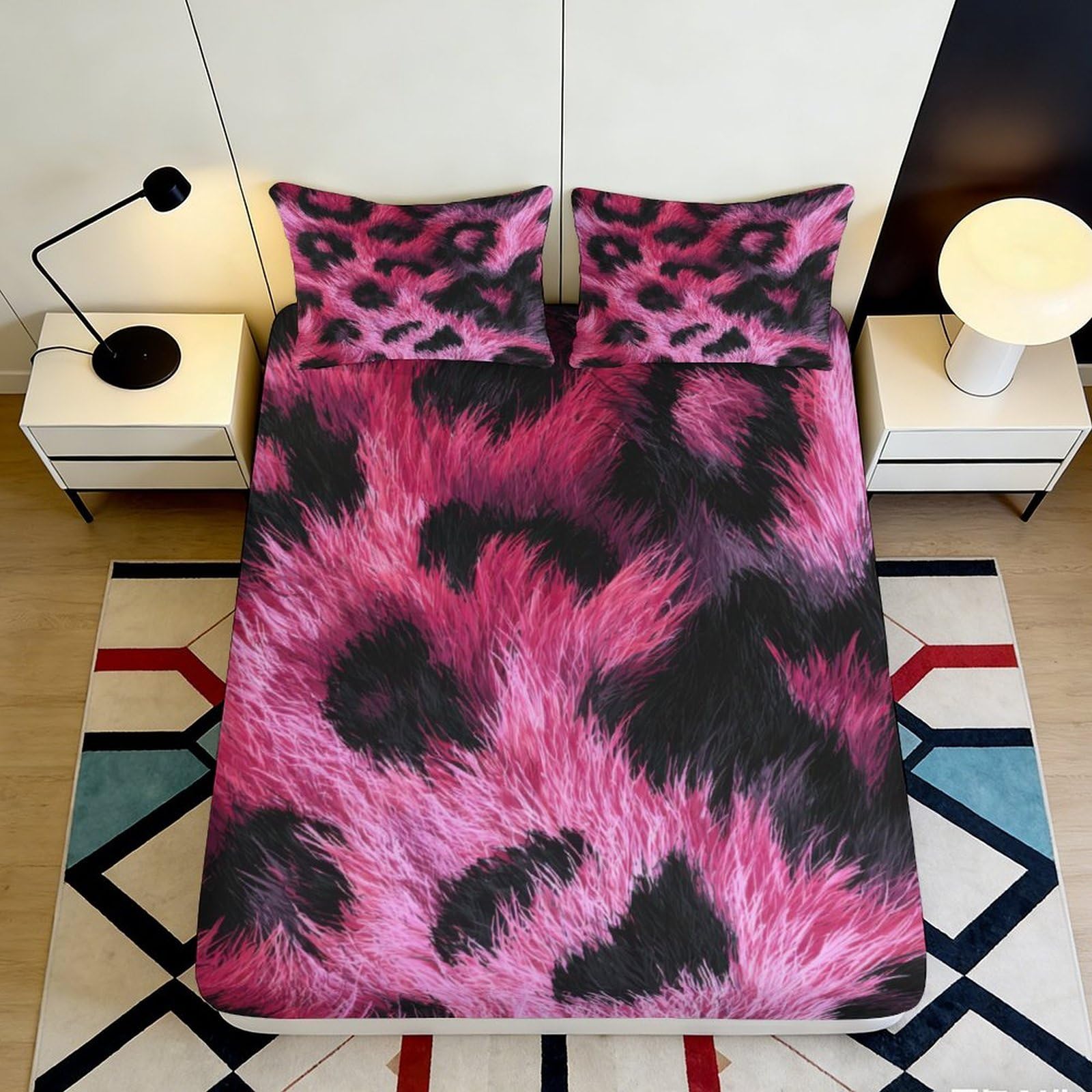 Uynsixtme Style-2 3D Printed Leopard Pattern Fitted Sheet Microfiber Deep Pocket Bedroom Bedding Leopard Mattress Fitted Cover Elastic Washable 200X200x25cm