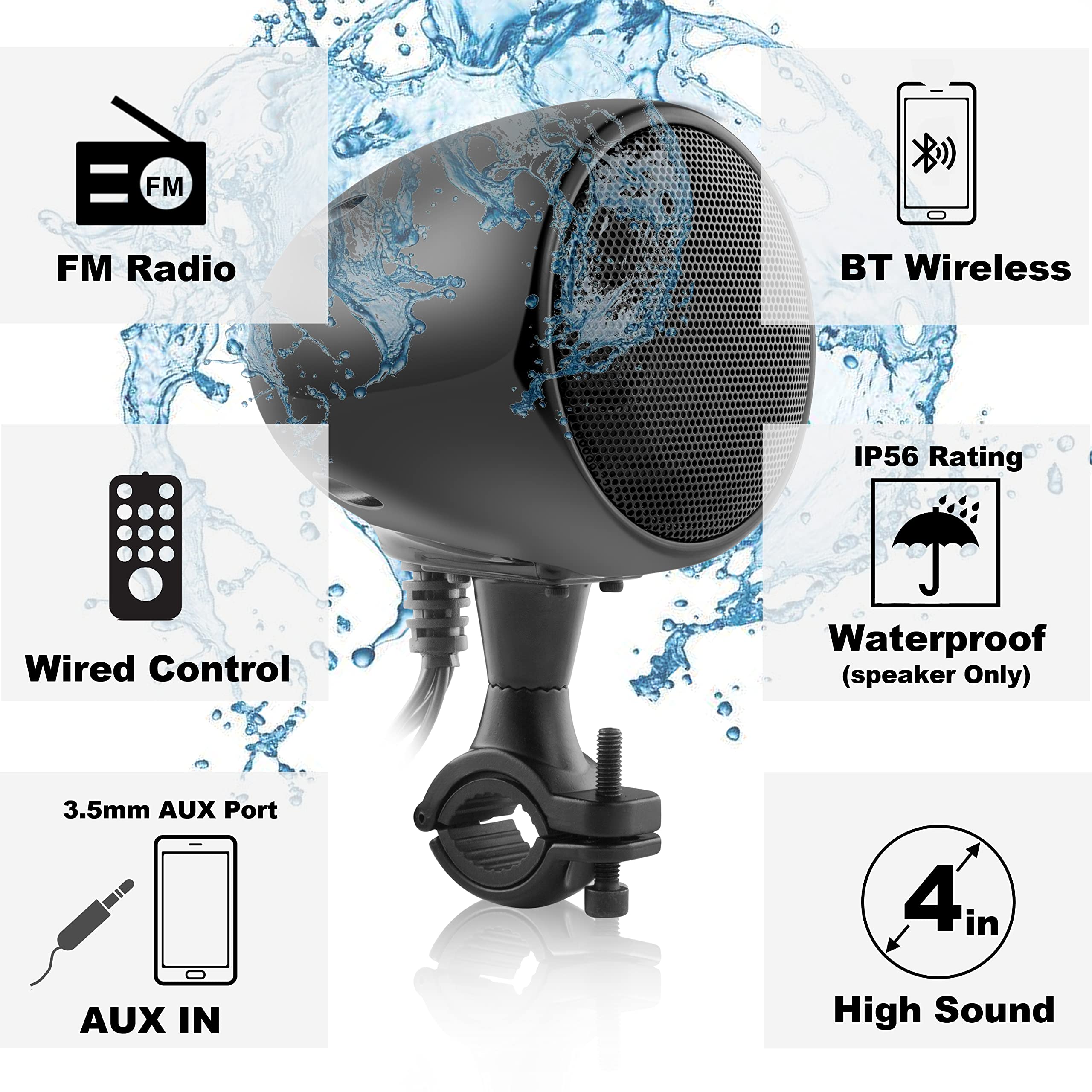 iMESTOU Amplificatore per Moto con AUX, MP3, Radio FM, 4 Pollici Full Range Impermeabile Bluetooth Altoparlanti Stereo Adatto per Manubrio Moto ATV UTV RZR
