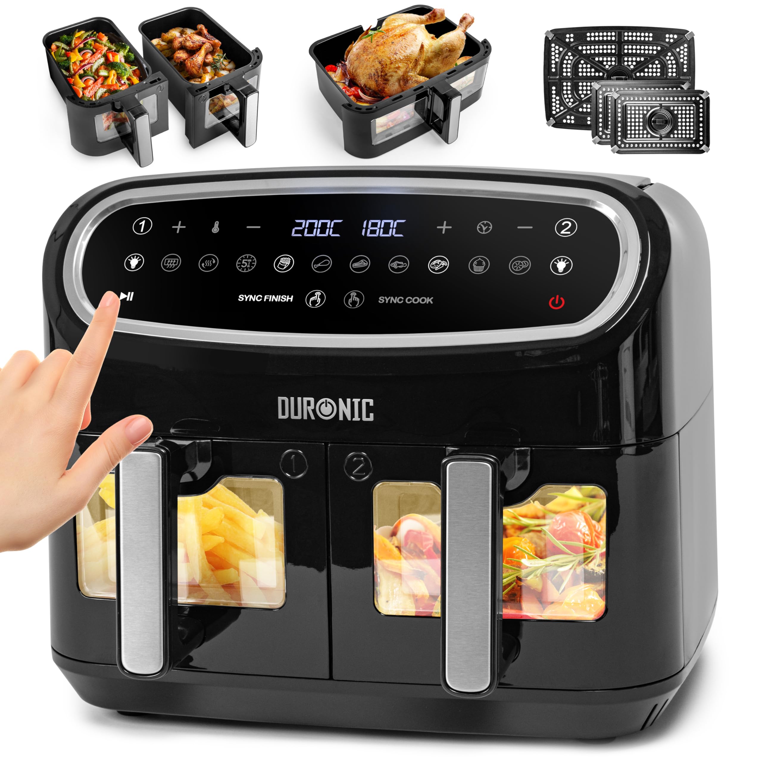 Duronic AF34 BK Friggitrice ad Aria XXL, Air Fryer 2400W, Fornetto elettrico 2 cestelli e 1 cestello grande, Friggitrice senza olio, Friggitrice ad aria calda, Cottura sincronizzata, Pollo, patate