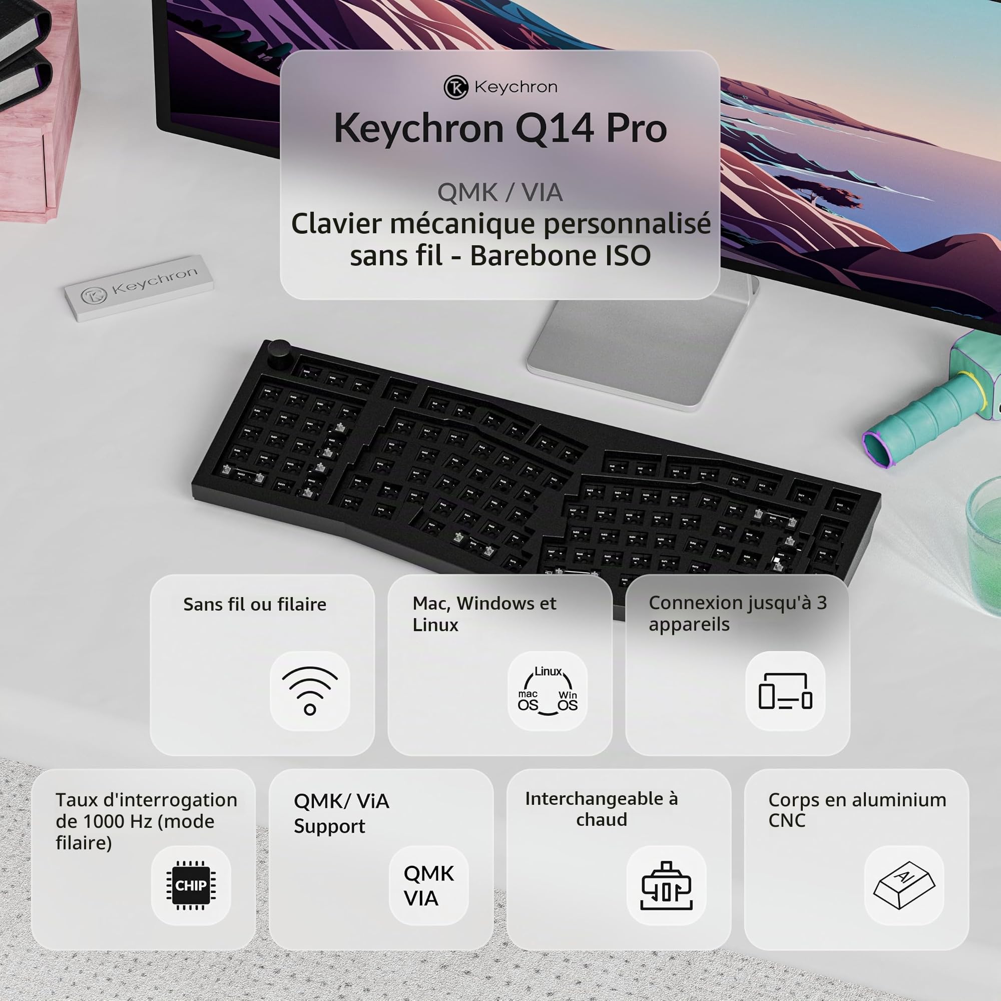 Keychron Q14 Pro Kit Clavier Mécanique Alice 96% en ISO, Corps en Aluminium CNC, Kit Barebone Gaming à Monter Soi-même, Programmable QMK/Via, RGB, Bluetooth 5.1/Filaire, pour Mac, Windows - Noir