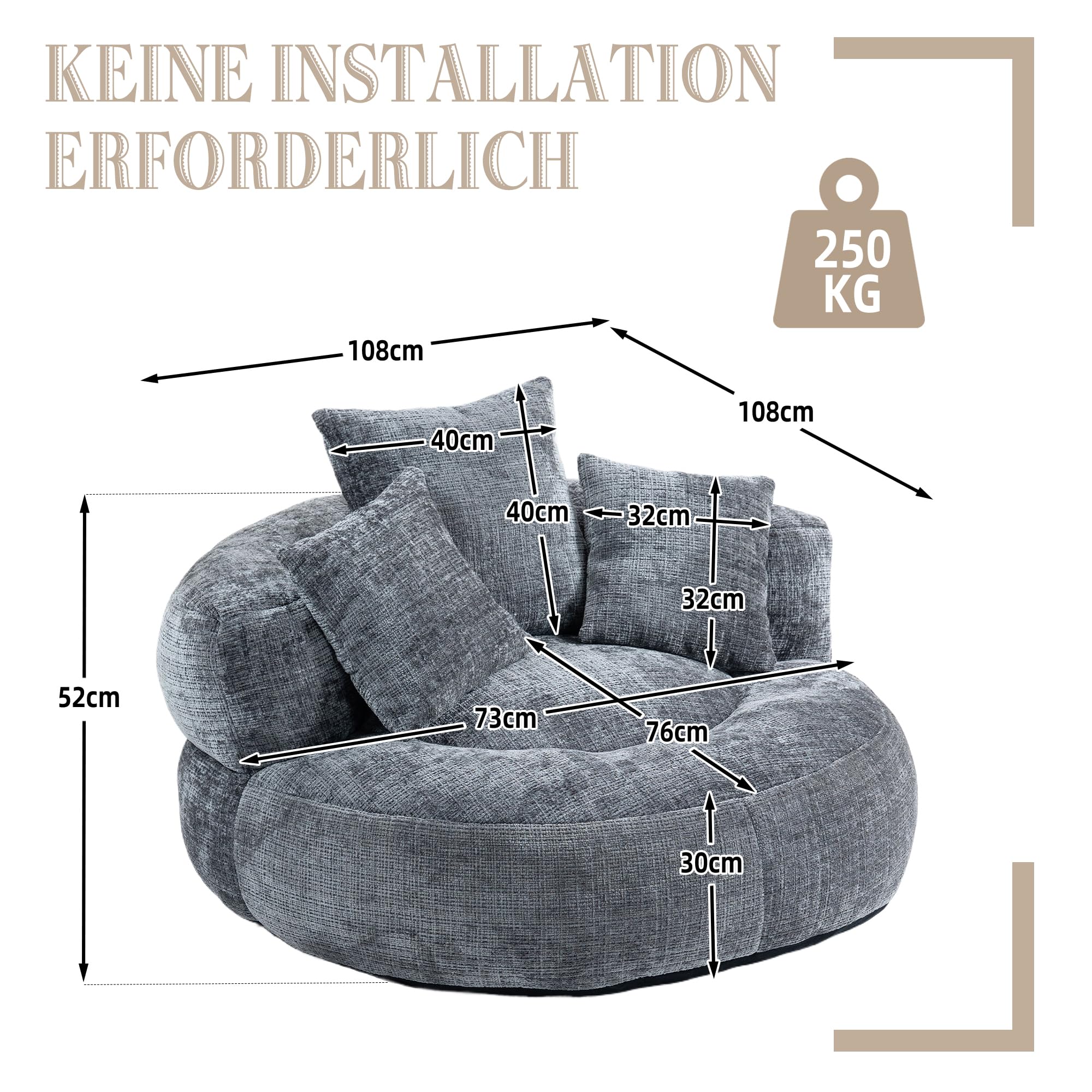 Lazy Sofa Durevole Comfort Lounger Schienale Alto Poltrona Sacco Divano con TRE Cuscini, Interno ed Esterno, Poltrona Gaming Singola per Camera da Letto, Ufficio, 108 x 108 x 52 cm (Grigio)