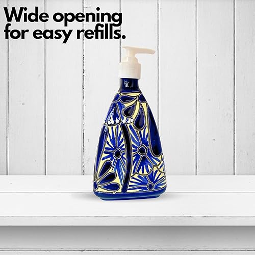 Miniatura 3 de Dispensador de jabón y loción de cerámica en forma de pirámide, para encimeras de cocina o baño - Cerámica mexicana pintada a mano azul y blanco -