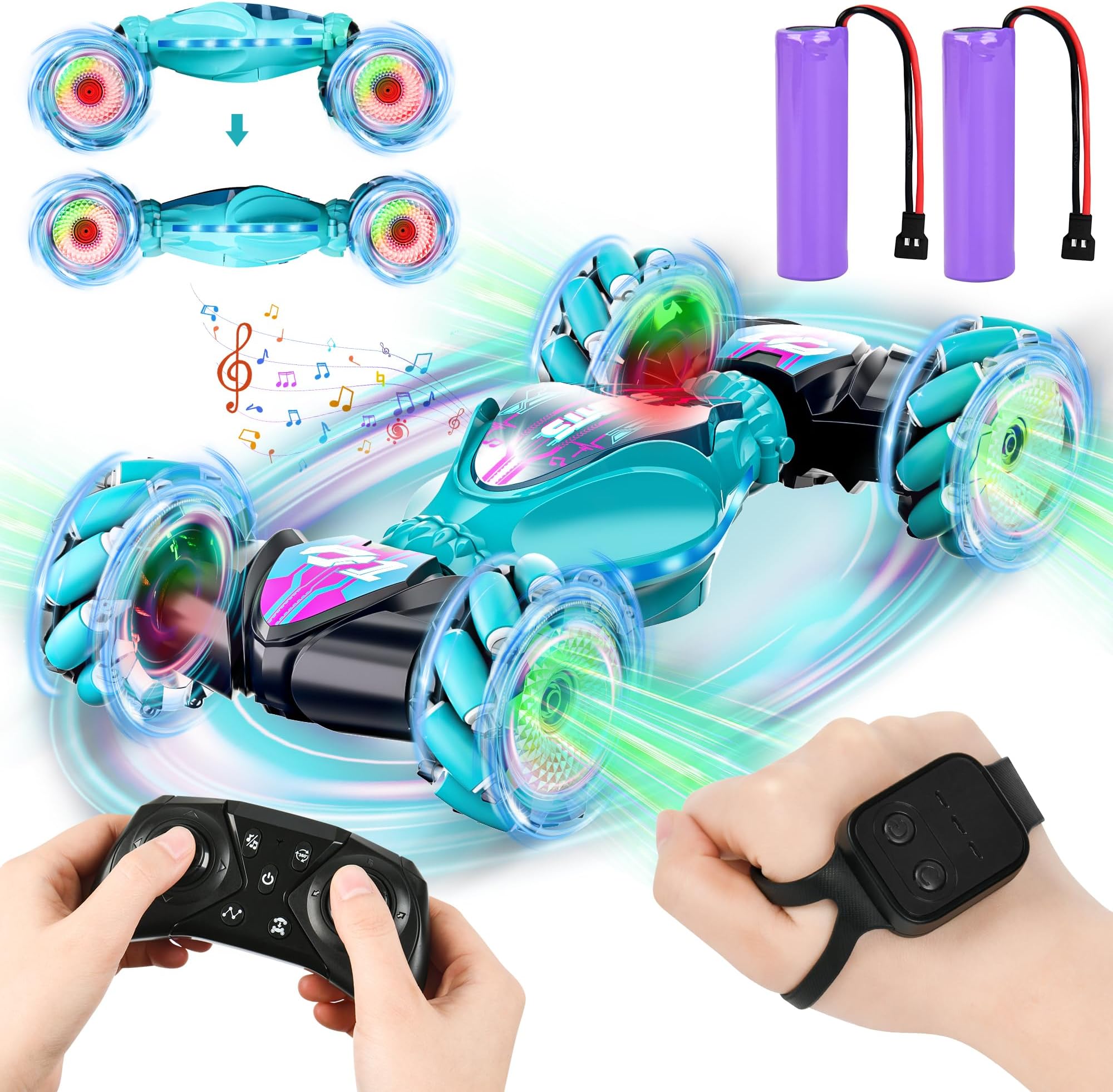 4WD 2.4Ghz RC Car, Gesture Sensing & Remote Control Stunt Car with Light & Music, 360 Rotating, Perfect for Boys Age 8-13