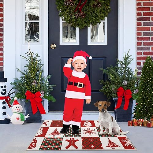 Miniatura 2 de Haperlare Felpudo decorativo de Navidad, a cuadros, blanco y rojo, de 17 x 29 pulgadas, copo de nieve y muñeco de nieve, tapete de árbol de Navidad,