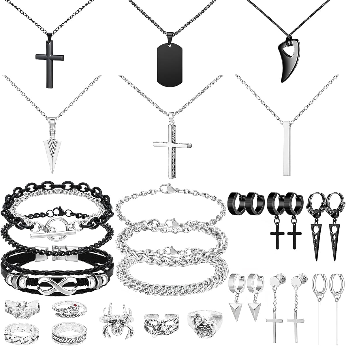 NEWITIN 31 Pieces Stainless Steel Jewelry Set for Men Black Silver Chain Necklace Bracelet Cross Pendant Necklaces Vintage Rings Dangle Cross Earrings Cuban Jewelry Set for Men Women