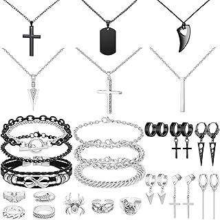 NEWITIN 31 Pieces Stainless Steel Jewelry Set for Men Black Silver Chain Necklace Bracelet