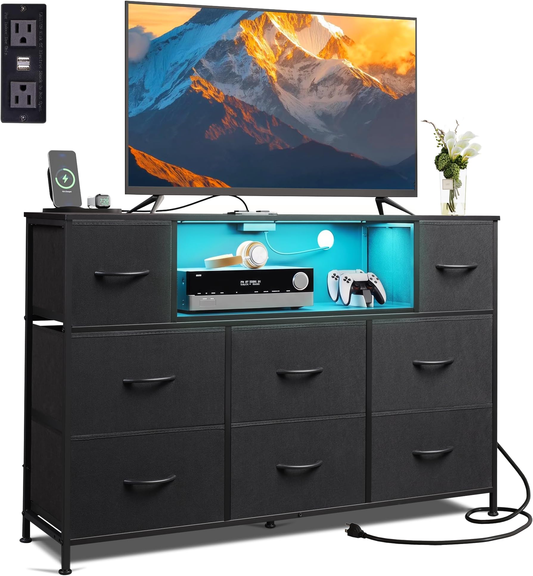 WLIVE LED Black Dresser TV Stand for 55 Inch TV, 8 Drawers | Fits TVs up to 55 inch, 8 fabric drawers, LED chest of drawers, Built-in power outlet, Living room or bedroom