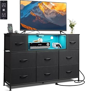 WLIVE LED Black Dresser TV Stand for 55 Inch TV, 8 Drawers