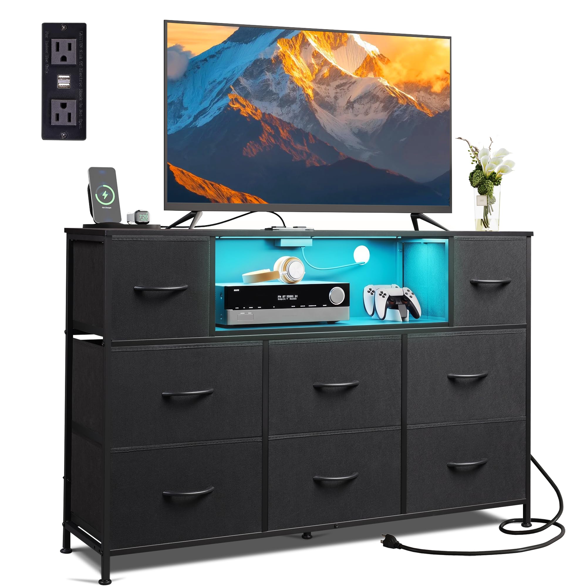 LED Black Dresser TV Stand - 8 Drawer