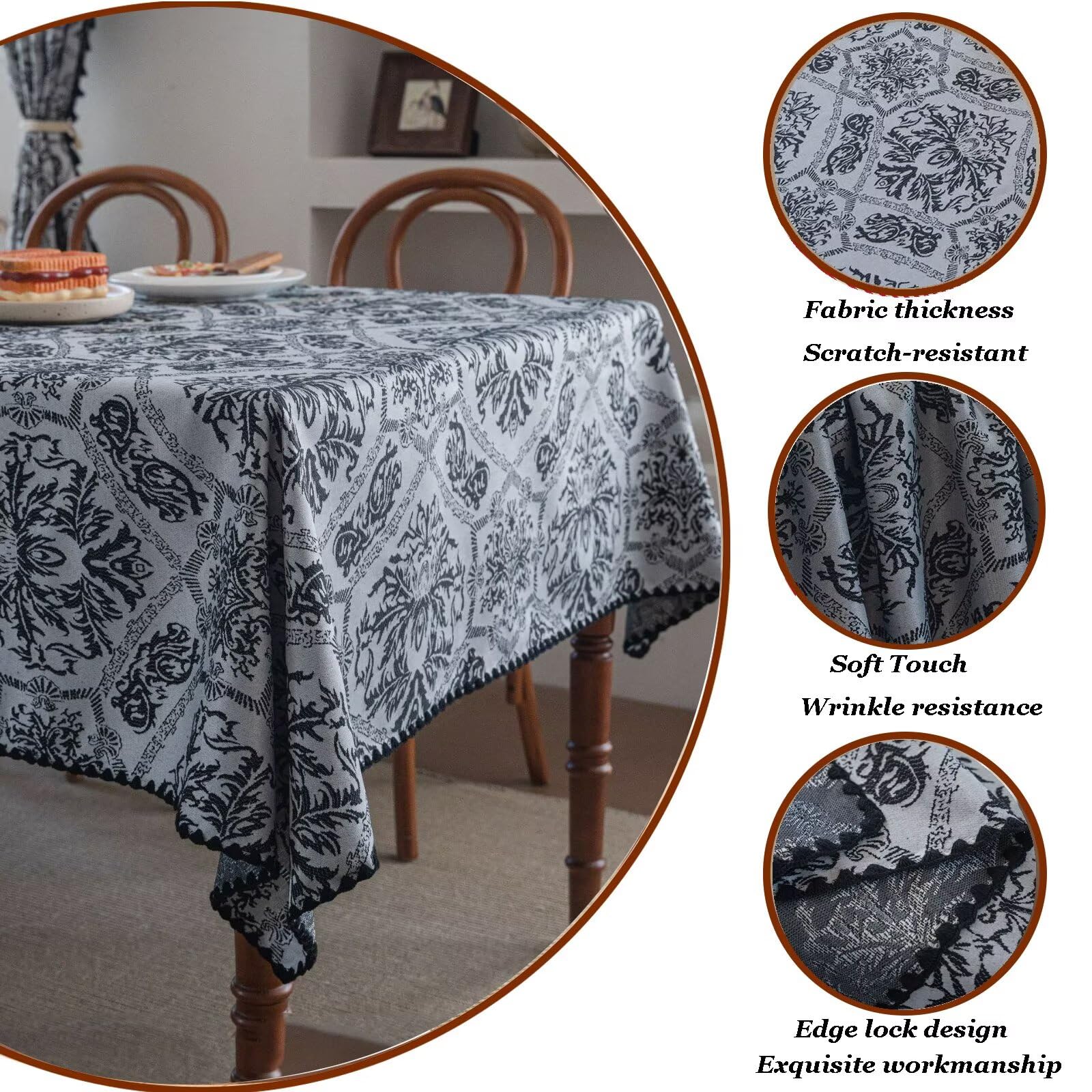 Obrus żakardowy z haftowanym czarnym, falowanym brzegiem, prostokątny, kwiatowy wzór, 180x180 cm/71x71, zmywalny, do dekoracji stołu kuchennego i jadalnego