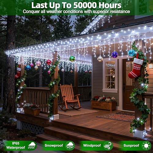 Miniatura 4 de 504 luces LED de Navidad con 112 gotas, 50 pies, 12 modos de luces blancas frías con temporizador regulable, luces parpadeantes impermeables