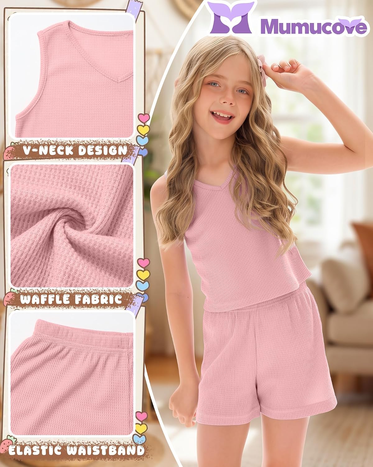 Girls' Waffle Knit Summer Sets | Kids V Neck Sleeveless Tank Tops, Casual Loose Breathable Shorts, Teen School Vacations 2-piece Clothes, 5-14Y