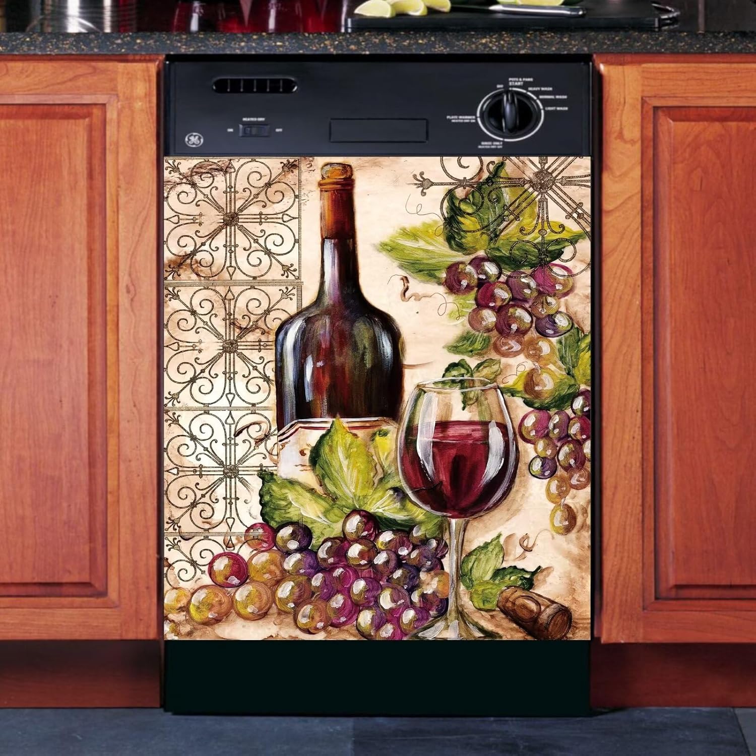 Vineyard Dishwasher Magnet Rustic Wine Bottle Dishwasher Cover, Red Wine Bottle for Refrigerator Magnet Grape Decal, Red Wine Fridge Door, Farmhouse Home Appliances Panels Stickers 23" Wx 26" H