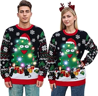 Belovecol Unisex LED Light Up Christmas Jumper Ugly Xmas Sweater Funny Printed Knitted Holiday Pullover for Men and Women