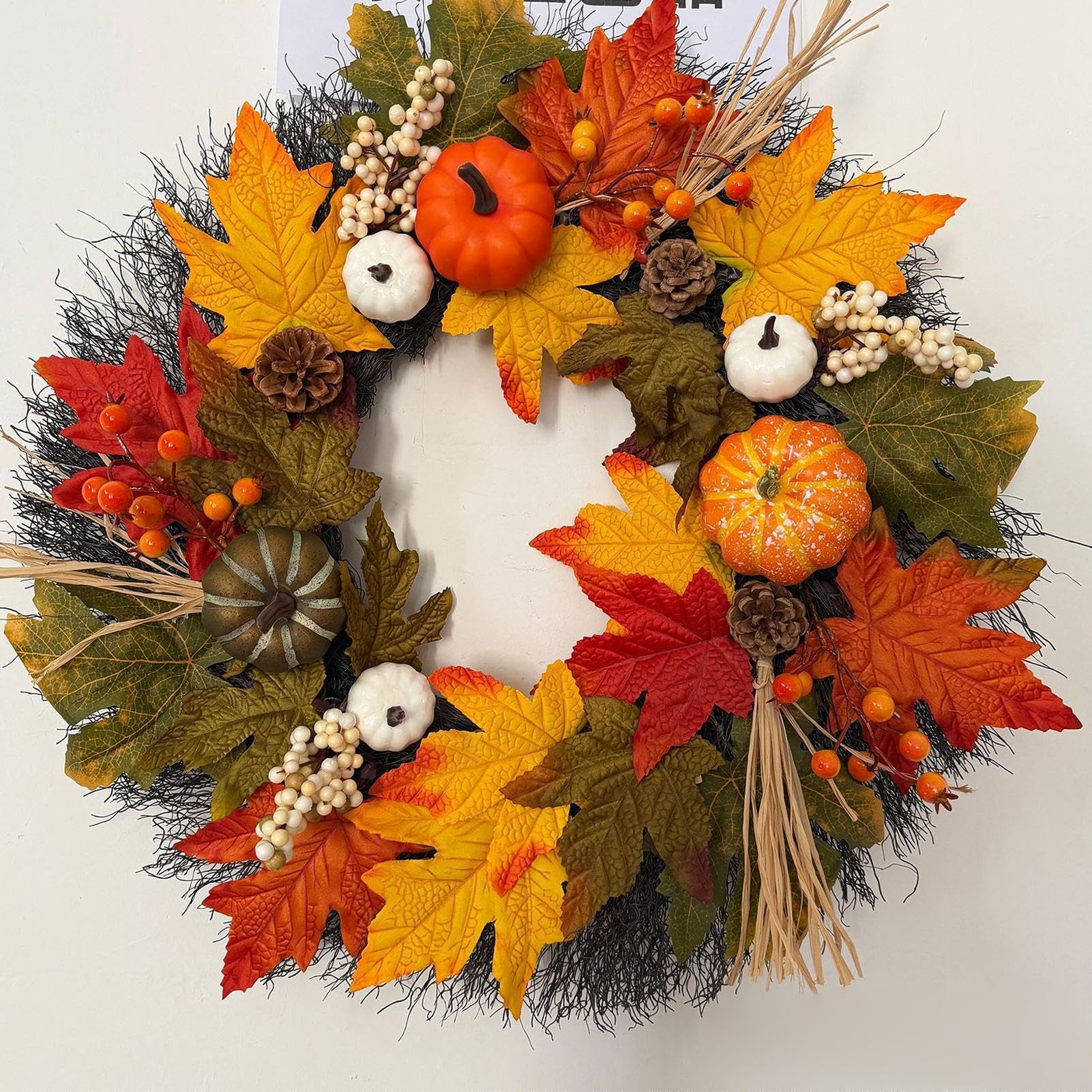 Autumn Wreath – PP 55 x 55 x 5 cm 22 Inch Large Fall Front Door Wreath | Pumpkins and Seasonal Foliage, Harvest Thanksgiving Farmhouse Decor | Fall Wreath | for Front Door Porch Entryway Indoor Outd