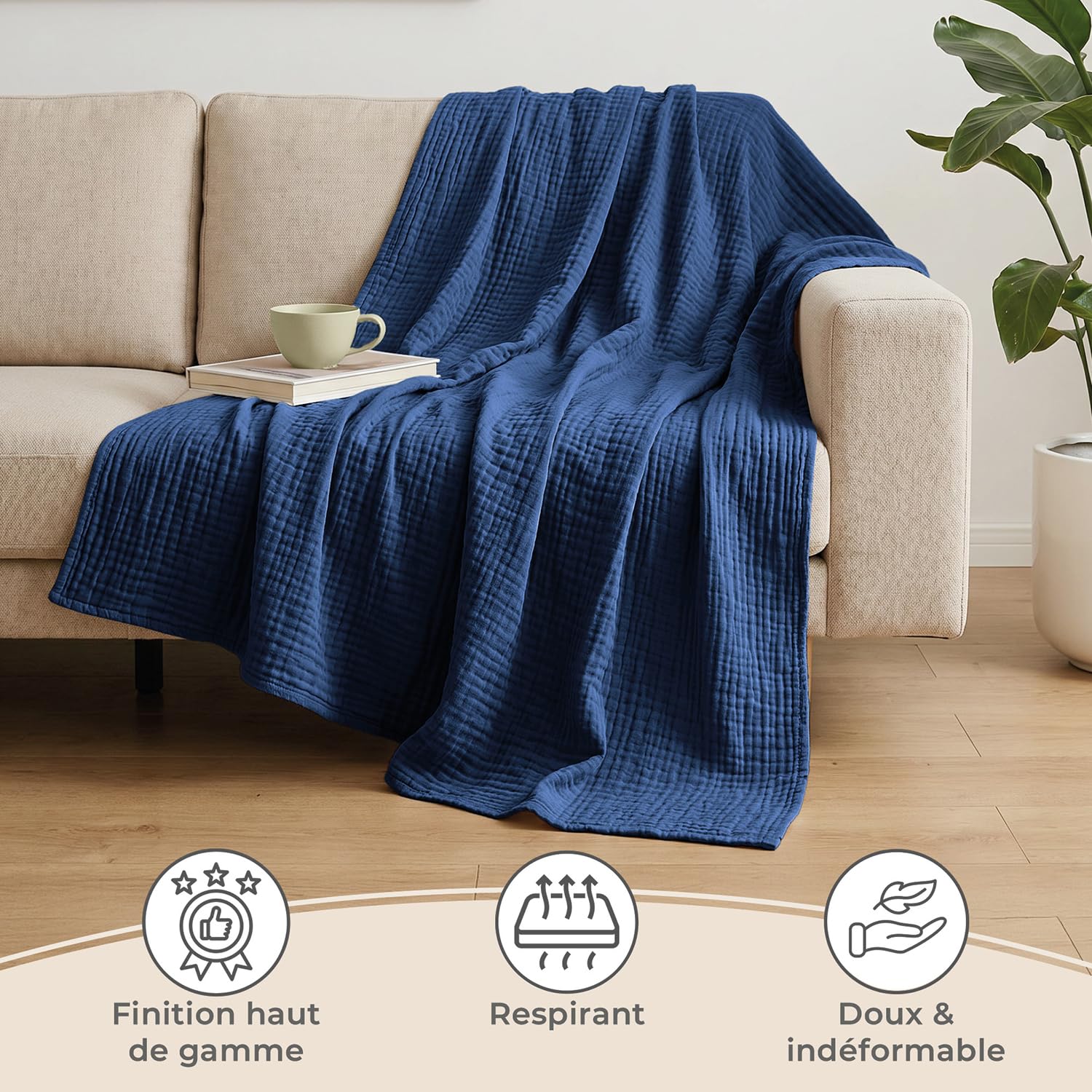 LAYNENBURG Premium Plaid canape Grande Taille en Mousseline 100% Coton – Couvre lit Respirant 4 Couches, Plaid Grande Taille, Jeté de canapé - Couverture légère 180x220 cm de Bleu