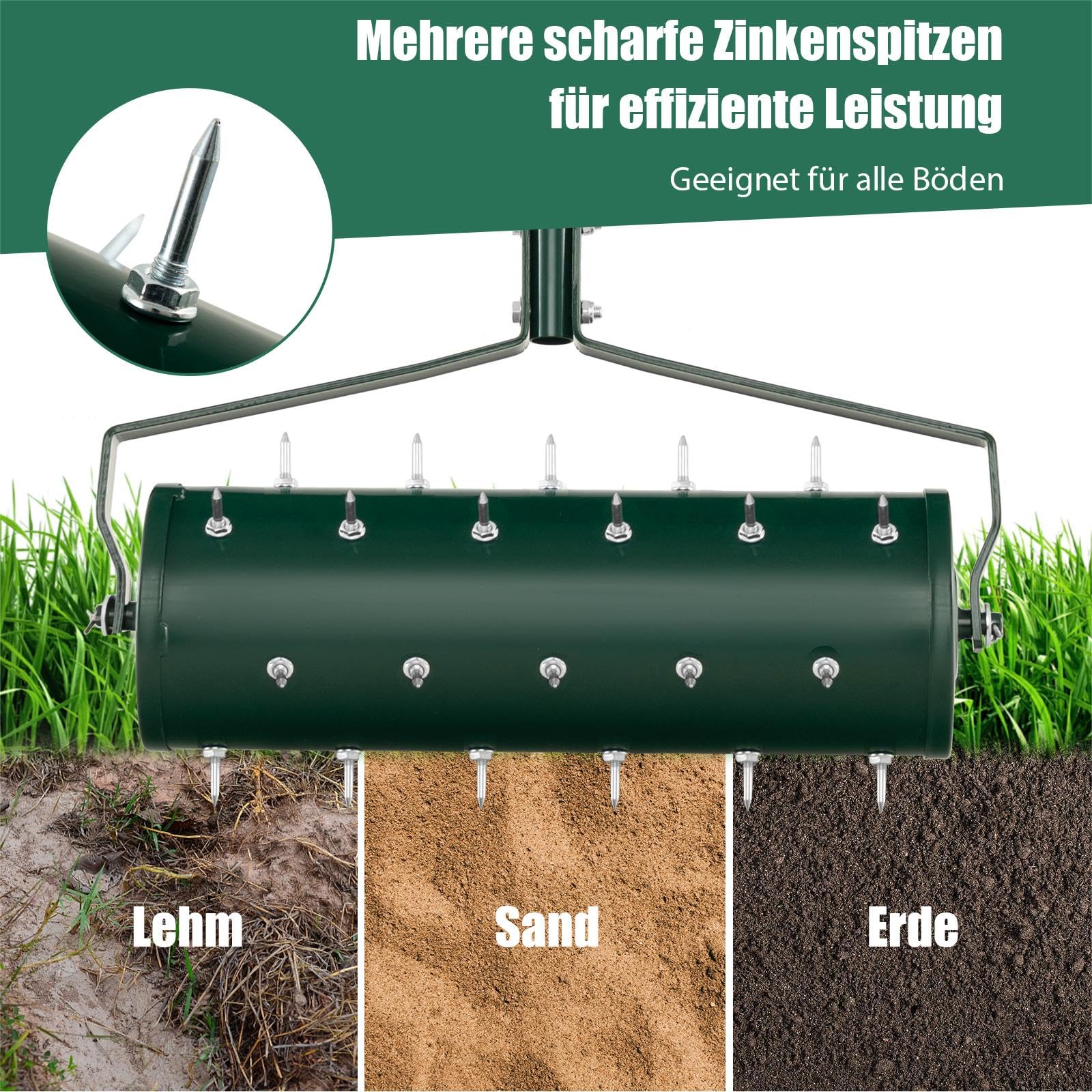 SOARS Rasenlüfter Walze, Rasenbelüfter mit 3,5cm Nägeln & Stiel, Handvertikutierer befüllbar, Gartenwalze, Handwalze aus hochwertigem Metall, ideal für die Rasenpflege (53cm Breite, 33 Nägel)