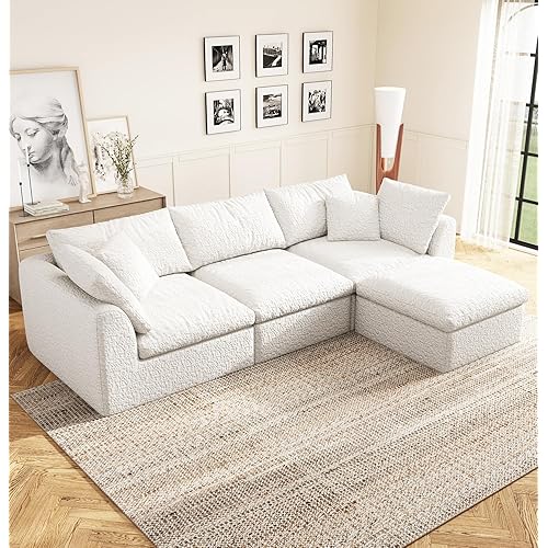 Modular Sectional Sofa for Living Room, Modern 110" Cloud Couch Sectional, 3 Seater Boneless Convertible L-Shaped Couch with Ottoman, No Installation (White)
