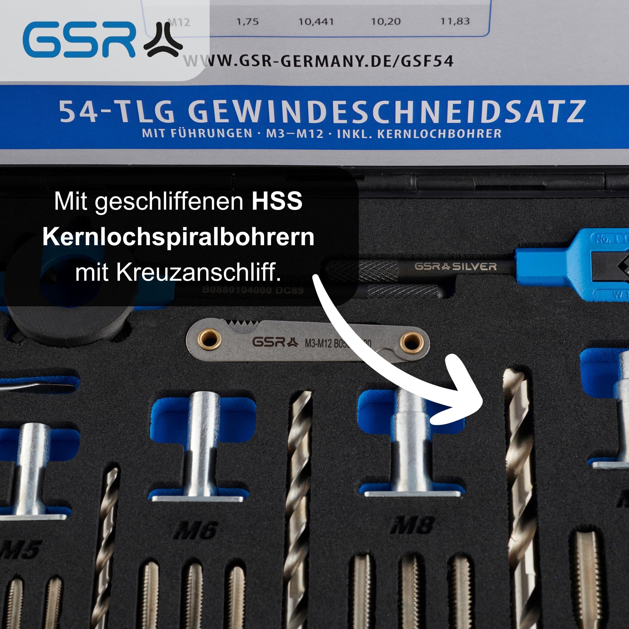 GSR Gewindeschneider Set 54-teilig für präzise HSS-Innen- und Außengewinde, M3–M12, mit Handgewindebohrern, Führungen, Kernloch-Spiralbohrern, Schneideisen, verstärkten Haltewerkzeugen