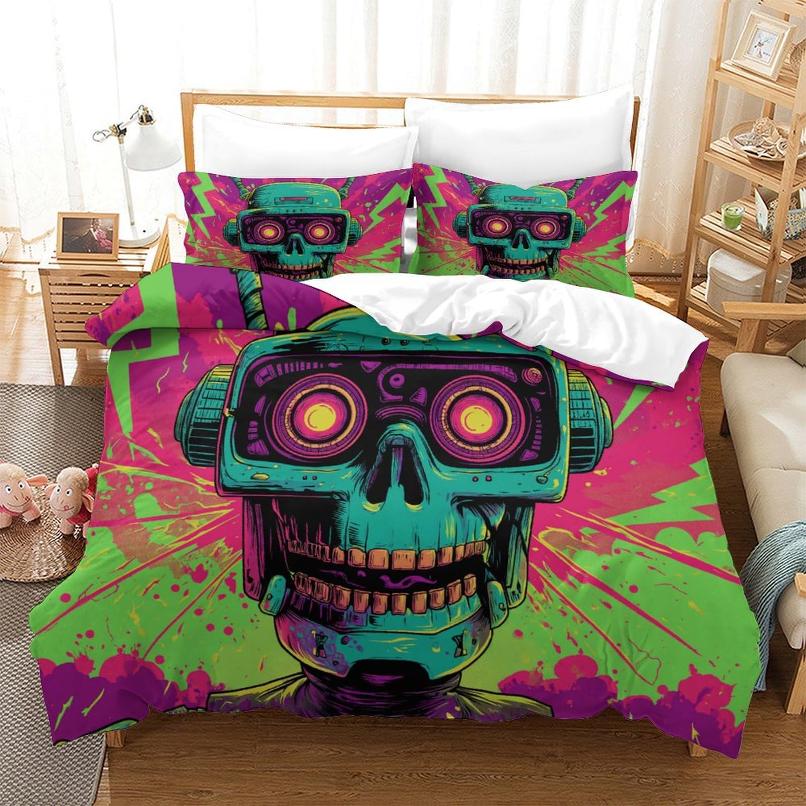 P1S9U7W5Y Cyberpunk 3D Printed Skull Graffiti 3pcs Microfiber Duvet Cover Set Futuristic Graffiti Bedding Set Double（200x200cm）
