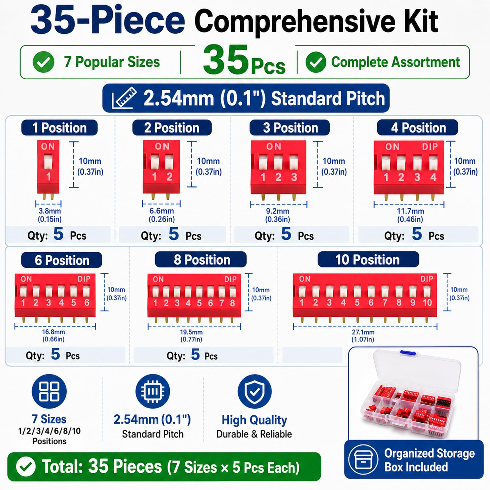 35Pcs DIP Switch Assortment Kit 2.54mm Pitch Slide Type Toggle